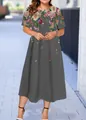 Summer grey short sleeve A-line midi dress with vibrant floral print on shoulders - XS / Grey Shoulder Floral Style (21款式-A480)