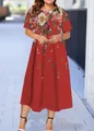Elegant summer short-sleeved red mid-length dress with vibrant floral print pattern - XS / Red Base Large Floral Style (22款式-A480)