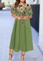 Elegant green floral short sleeve midi dress perfect for casual summer outdoor events - XS / Grass Green Scattered Floral Style (24款式-A480)
