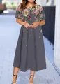 Plus size summer short sleeve floral midi dress with grey base and A-line skirt - XS / Grey with Pink Large Floral Style (25款式-A480)