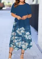 Casual summer short sleeve blue mid-length dress with elegant white floral print - XS / Dark Blue with Large White Floral Style (26款式-A480)