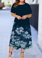 Summer navy blue short sleeve midi dress featuring elegant light blue floral print pattern - XS / Dark Blue and Light Blue Floral Style (27款式-A480)