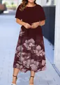 Plus size burgundy summer dress with short sleeves and elegant floral print design - XS / Wine Red and Light Purple Floral Style (28款式-A480)