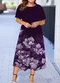 Elegant dark purple mid-length dress with white floral print - XS / Dark Purple with White Floral Style (30款式-A480)