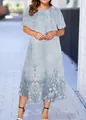 Elegant light blue short-sleeved midi dress featuring a white floral hem design. - XS / Light Blue and White Floral Style (34款式-A480)