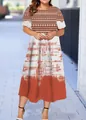 Women's short-sleeved mid-length dress with ethnic print and brick red hem - XS / Vintage Color Splicing Print Style (39款式-A480)