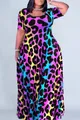 Plus size short sleeve maxi dress featuring vibrant rainbow leopard print pattern - XS / Rainbow Leopard Print Style (41款式-A480)