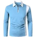 Detail view of light blue men's polo shirt with white contrast collar and zipper - Lake Blue