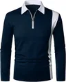 Men's color-block long-sleeve polo shirt featuring a turn-down collar and zipper detail. - Navy Blue
