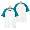 Kids' cotton raglan short sleeve T-shirt in white and teal blue, front and back view - Size 110 / Short Sleeve T-Shirt Style / Teal (001)