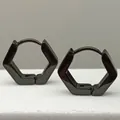 Macro detail view of minimalist black hexagonal titanium steel hoop earrings for unisex - Hexagon Black (Single Piece)