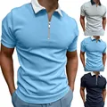 Close-up of men's polo shirts in various colors showing zipper collar and slim fit design. - Lake Blue