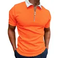 Men's slim fit casual polo shirt with stylish zipper collar and contrast white lapel - Orange