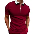 Close-up of men's burgundy polo shirt with white collar and front zipper detail - Burgundy