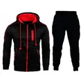 Front view of black and red men's tracksuit set with zip-up hoodie and joggers - Black