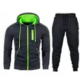 Men's two-piece dark grey tracksuit featuring neon green zippers and a hoodie - M / Dark Gray