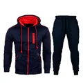 Men's navy and red casual hooded sweatshirt and matching sweatpants two-piece tracksuit - M / Navy Blue