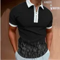 Vue détaillée d'un polo noir pour homme avec col zippé blanc et motif de flammes - S / Flamme Grise (158-5)