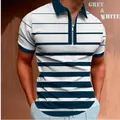 Modern men's casual horizontal striped polo shirt featuring a stylish zipper collar detail - S / Tops / Gray/White Horizontal Striped