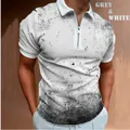 Stylish men's short sleeve polo shirt with 3D distressed print and zipper collar - S / Tops / White Vintage