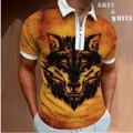 Men's casual polo shirt with 3D wolf head print and zipper collar details - S / Tops / Orange and Yellow Wolf Head