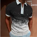 Detail of men's polo shirt with zipper neck and grey-white splatter print - S / Tops / Grey and White Ink Splatter