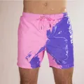 Detail showing the water color-changing effect of the men's pink beach shorts - S / Purple to Pink