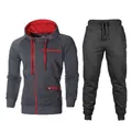 Men's dark grey fleece tracksuit set with red contrast zipper hoodie and joggers - M / Dark Gray and Red