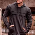 Men's casual black drawstring hoodie with horizontal raw-edge patchwork details - M / Dark Gray
