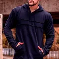 Men's casual navy blue long sleeve hoodie with horizontal stitching and kangaroo pocket. - M / Navy Blue