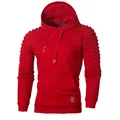 Detail shot of a red men's jacquard hoodie with ribbed sleeves and drawstring hood - S / Red