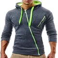Detail van een grijze herenhoodie met een opvallende limoengroene diagonale ritssluiting - S / Donkergrijs Lichaam Met Fluorescerend Groene Accenten