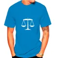Classic short sleeve blue cotton t-shirt for men featuring white Libra scales graphic print - S / Tops / Sapphire Blue