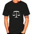 Modern men's black short sleeve T-shirt featuring a white balance scales graphic print - S / Tops / Navy Blue