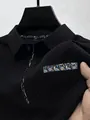 Close-up of black mesh ice silk t-shirt with paisley pattern collar detail - S / Black
