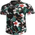 Detailed view of a loose Hawaiian shirt featuring floral and chain link patterns - Black Hibiscus Baroque Chain Print (上衣ZT165-6)