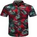 Detailed macro view of a men's red Hawaiian casual shirt with tropical palm leaf print - Bright Red Green Palm Realistic Print (上衣ZT165-11)