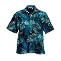 Detailed view of casual Hawaiian shirt with blue tropical palm leaf print pattern - Black Background Blue And Cyan Realistic Palm (上衣ZT165-15)