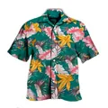 Detail of Hawaiian shirt featuring vibrant teal tropical leaf and flower print - Cyan Tropical Floral Print (上衣ZT165-17)