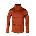 Close-up front view of men's slim fit turtleneck sweater in soft burnt orange fabric - Coffee