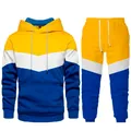 Mens street leisure blue color-block hoodie and sweatpants sportswear tracksuit set - S / Yellow White Blue Block