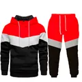 Men's red and black color-block hooded tracksuit set with V-shaped patchwork design - S / Red Gray Black Block