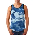 Vue de face d'un débardeur sans manches à imprimé camouflage bleu sur modèle masculin - M / Camouflage Bleu (156-1)