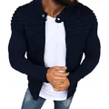 Close-up detail of pleated texture on navy blue men's zip-up cardigan jacket - Navy Blue