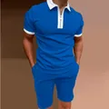 Men's blue slim fit short sleeve zipper polo shirt and matching shorts set with white trim - 5XL / Royal Blue