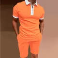 Men's bright orange slim fit polo shirt and shorts set with white zipper collar detail - 5XL / Bright Orange