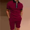 Detail view of men's burgundy zipper polo shirt and shorts set with slim fit design - Burgundy