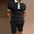 Detailed view of men's slim fit black polo shirt set featuring a white zipper collar - Black-White Contrast
