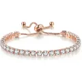 Detailed view of a rose gold adjustable bracelet featuring square-cut zircons. - Rose Gold Single Row (Bolo Clasp)