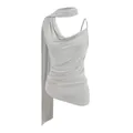 Detail view of a grey asymmetrical halter neck top featuring elegant draped fabric - Marl Grey